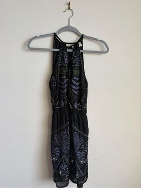 Black Halter Dress with Purple Floral Embroidery